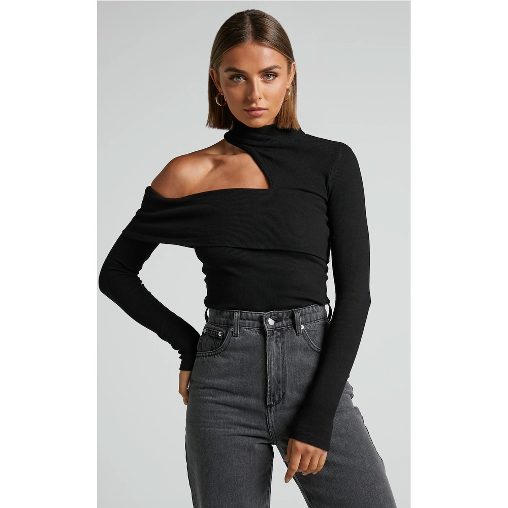 Showpo‎ Black One Shoulder Long Sleeve Top Size US 2